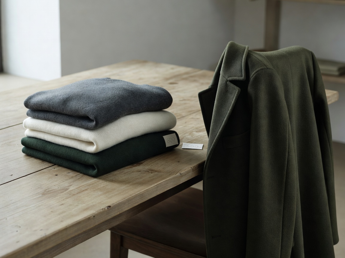 Folded merino wool sweaters and a loden coat in cream and forest green tones