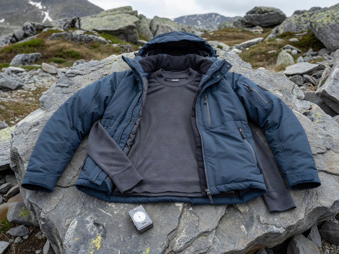 Layered alpine jacket and base layer laid out on stone, representing Austrian mountain clothing