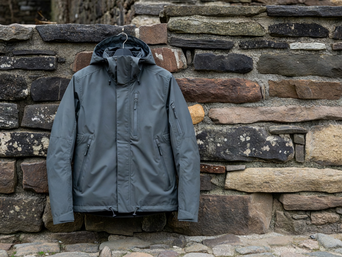 Technical outdoor jacket styled as everyday fashion against a stone wall