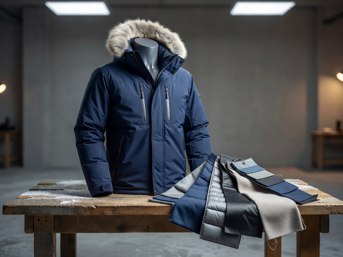 Winter ski jacket on a mannequin with sustainable fabric swatches beside it